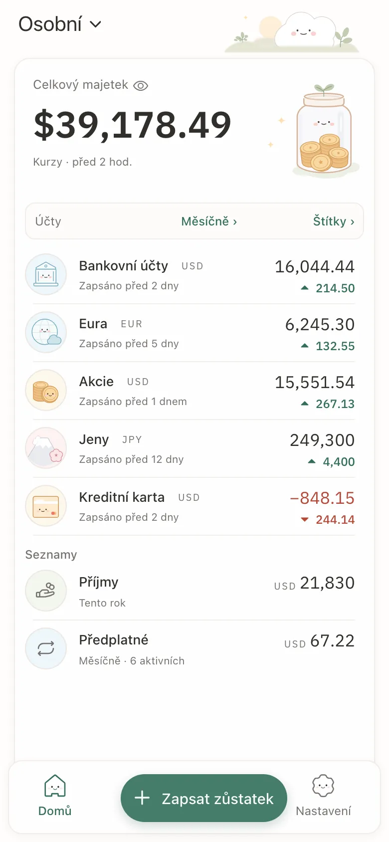 Stashsum v telefonu: celkem z pěti účtů a každý účet s posledním zůstatkem a změnou.