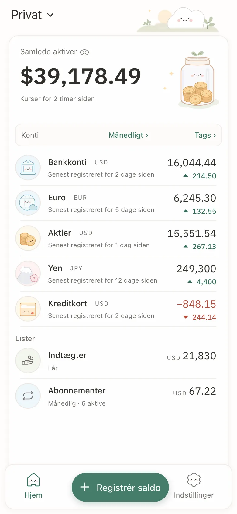 Stashsum på en telefon: summen af fem konti, og hver konto med sin seneste saldo og sin ændring.