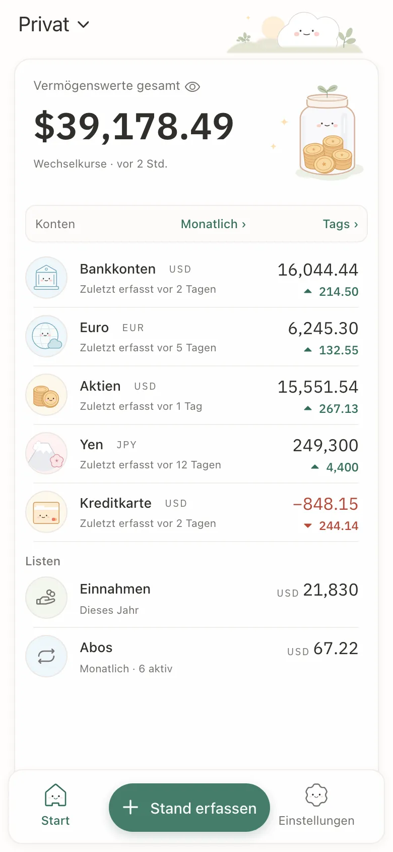 Stashsum auf einem Smartphone: die Summe über fünf Konten und jedes Konto mit seinem letzten Kontostand und seiner Veränderung.
