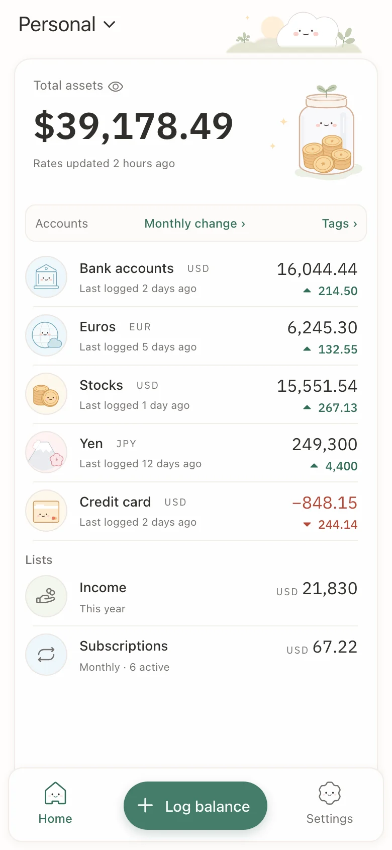 Stashsum on a phone: the total across five accounts, and each account with its latest balance and its change.