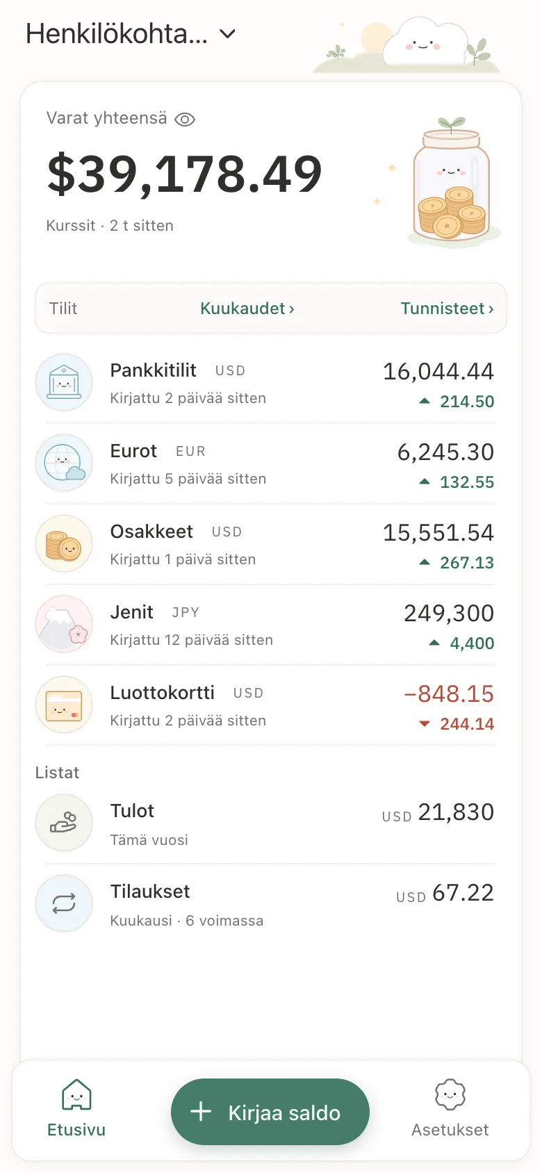 Stashsum puhelimella: viiden tilin yhteissumma sekä jokainen tili viimeisimmän saldonsa ja muutoksensa kanssa.