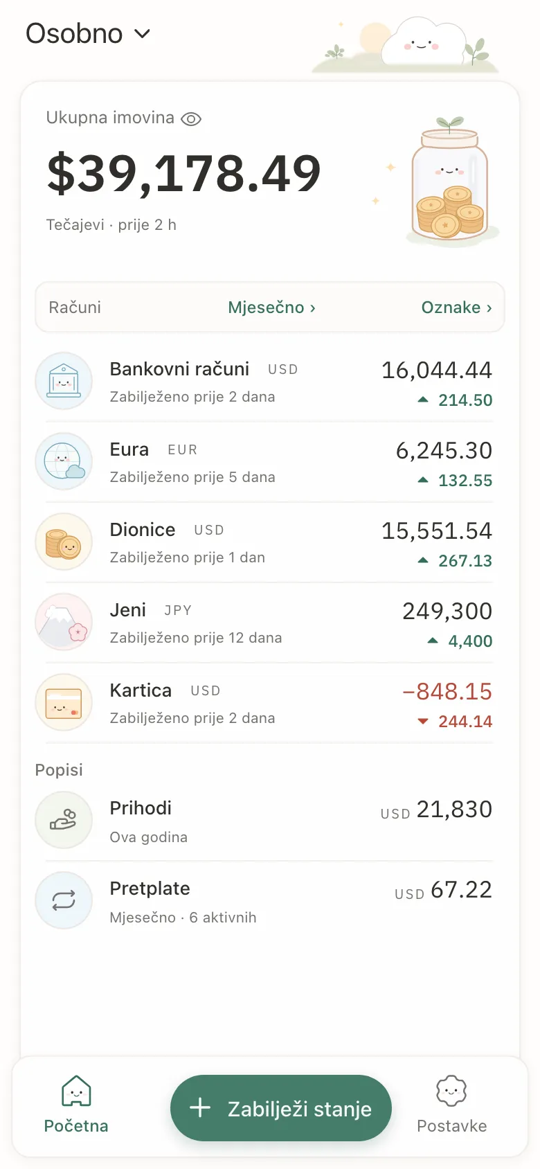 Stashsum na telefonu: ukupan iznos s pet računa i svaki račun s posljednjim stanjem i promjenom.