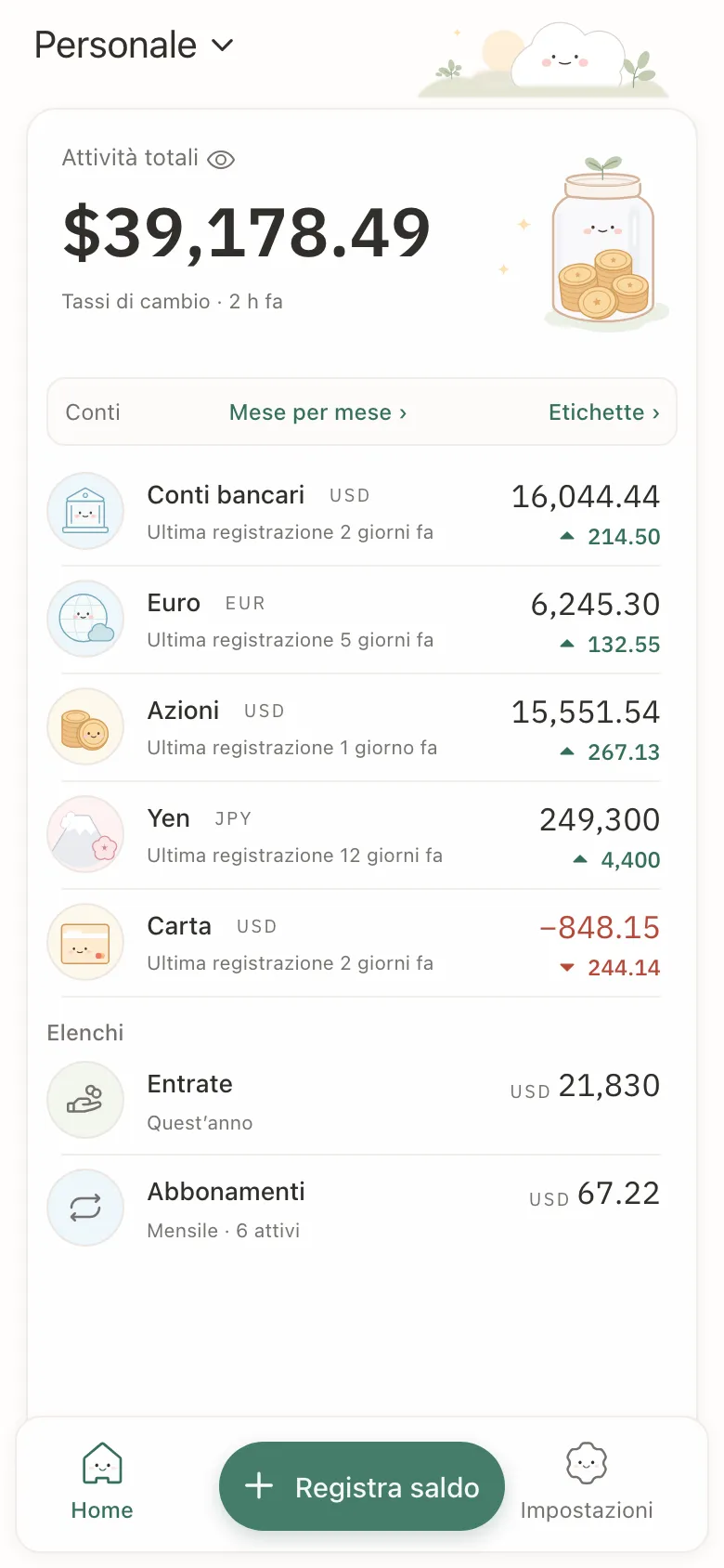 Stashsum su un telefono: il totale di cinque conti, e ogni conto con il suo ultimo saldo e la sua variazione.