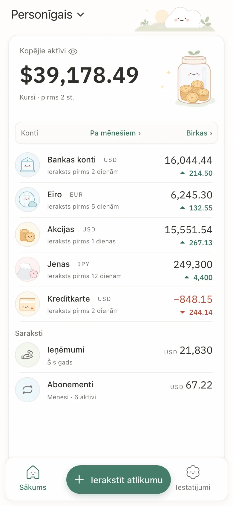 Stashsum tālrunī: kopsumma piecos kontos un katrs konts ar pēdējo atlikumu un tā izmaiņām.