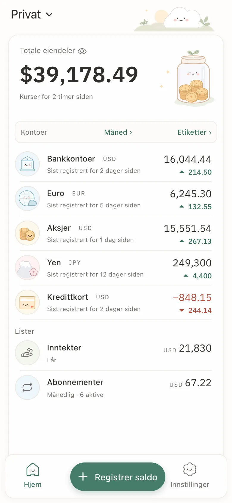 Stashsum på en telefon: summen av fem kontoer, og hver konto med siste saldo og endring.