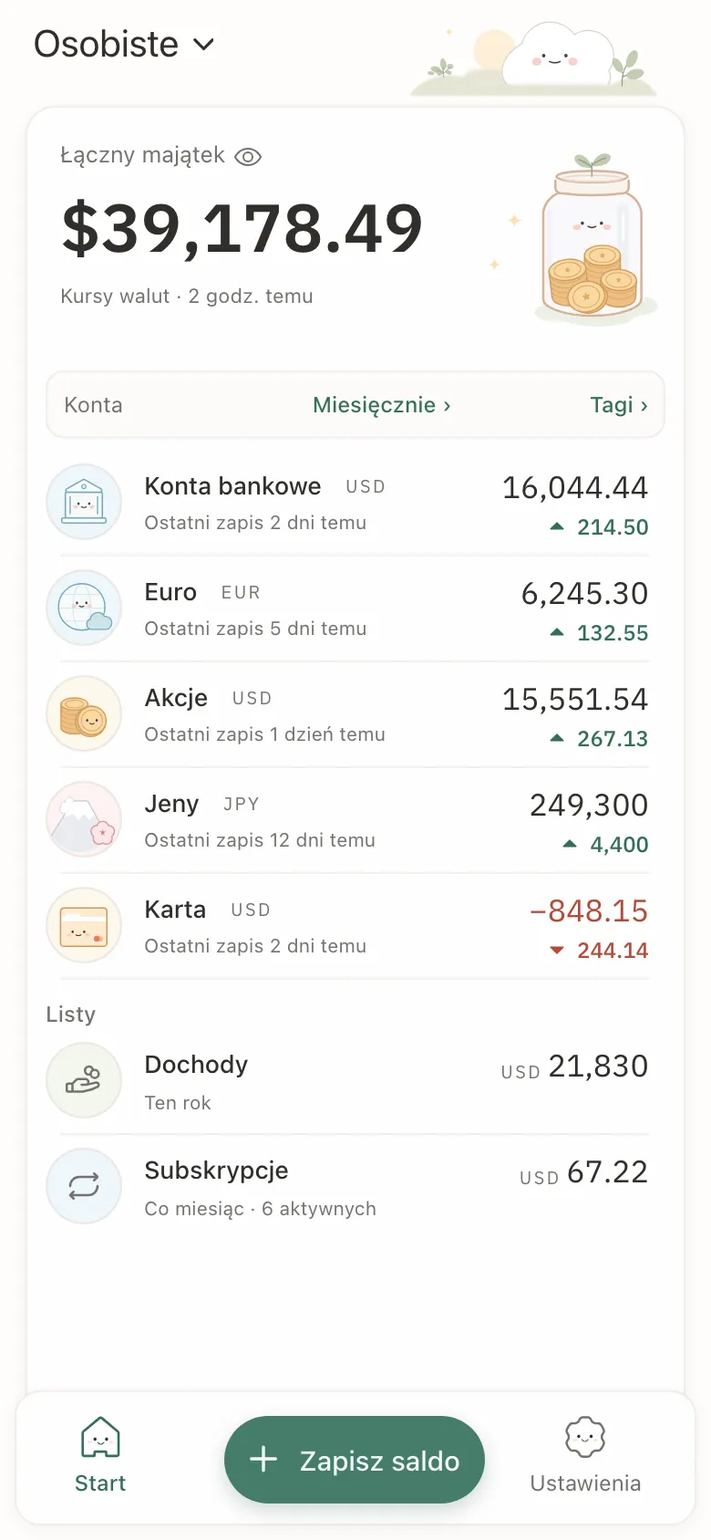 Stashsum na telefonie: łączna kwota z pięciu kont oraz każde konto z ostatnim saldem i zmianą.