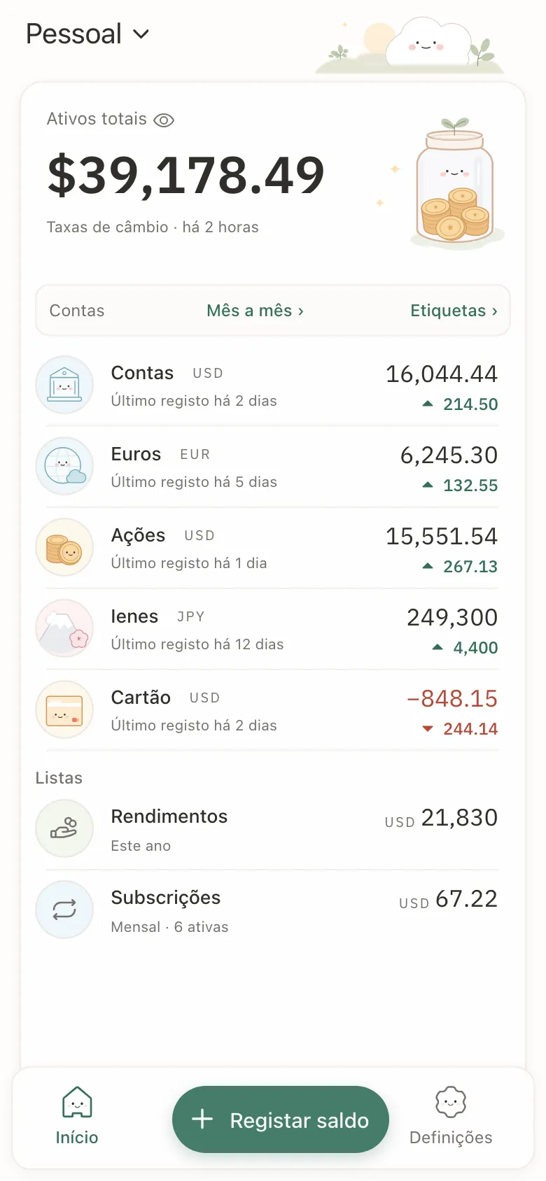 O Stashsum num telemóvel: o total de cinco contas, e cada conta com o último saldo e a variação.