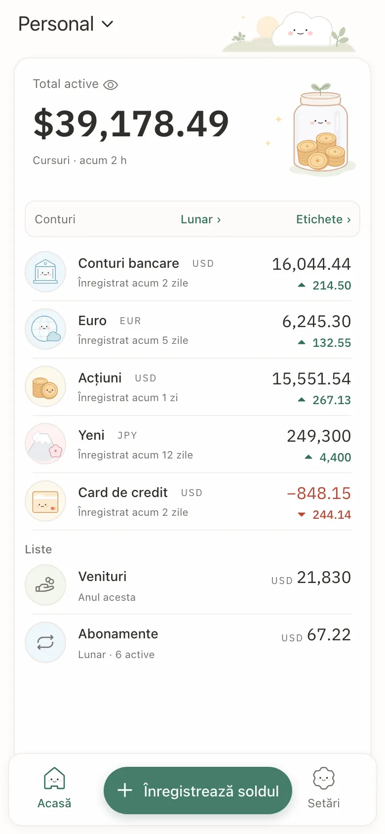 Stashsum pe un telefon: totalul a cinci conturi și fiecare cont cu ultimul sold și cu variația lui.