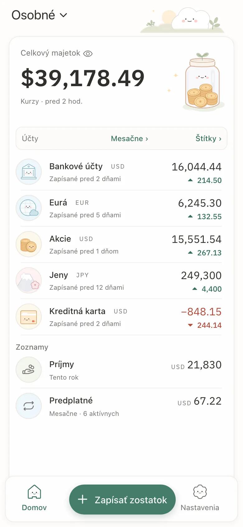 Stashsum v telefóne: súčet z piatich účtov a každý účet s posledným zostatkom a zmenou.