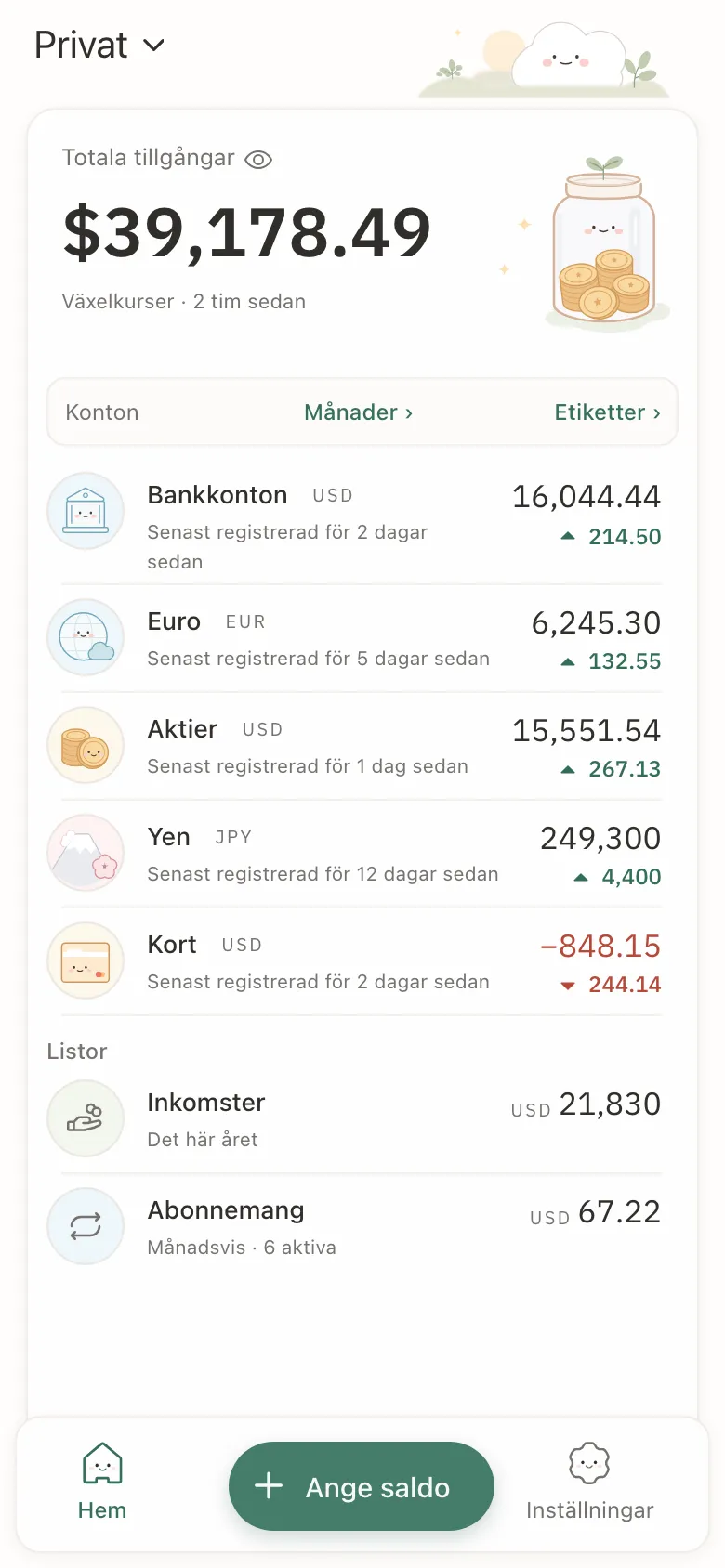 Stashsum i en telefon: summan av fem konton, och varje konto med sitt senaste saldo och sin förändring.