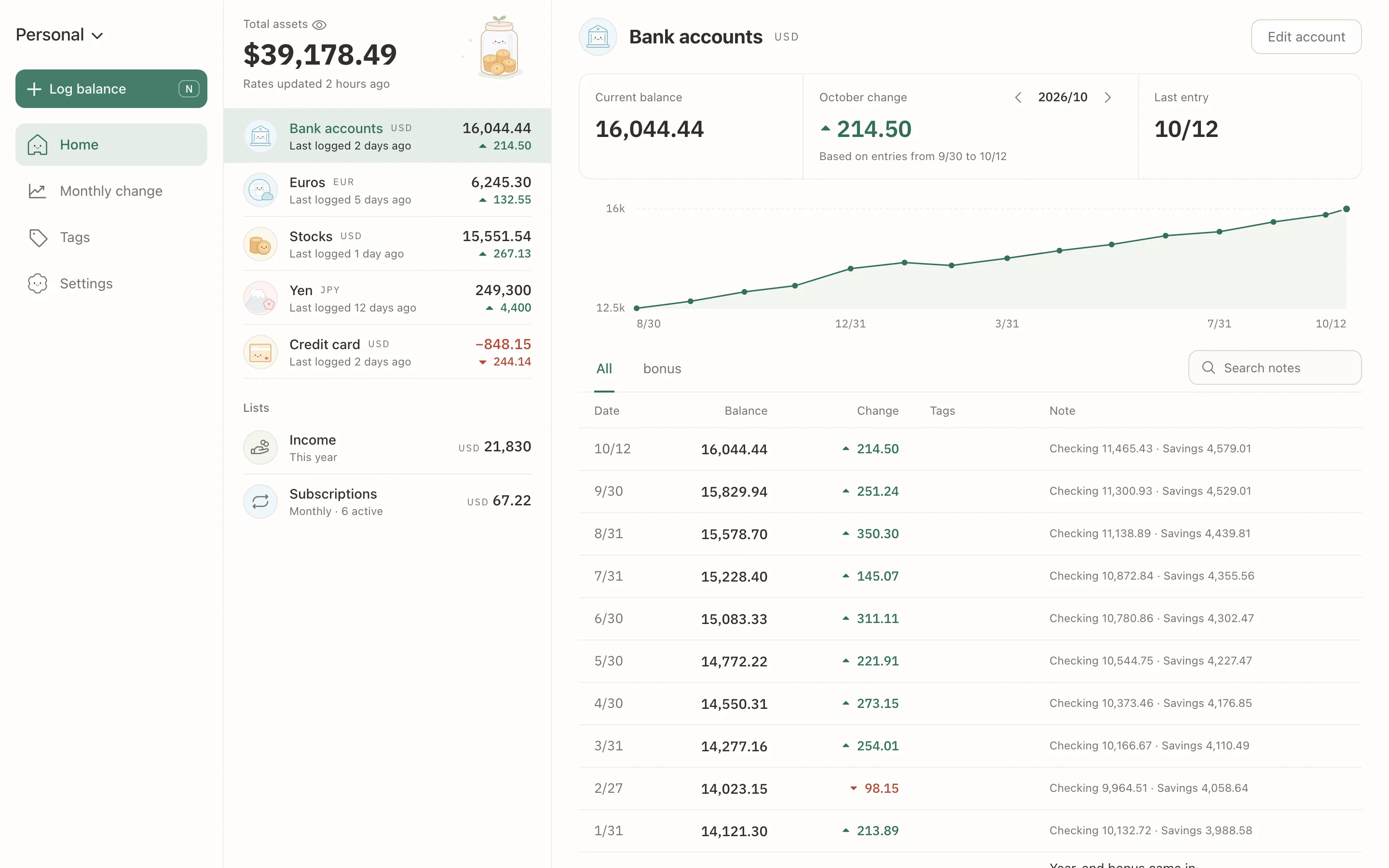 Stashsum on a wide screen: the account list beside one account’s chart and entries.