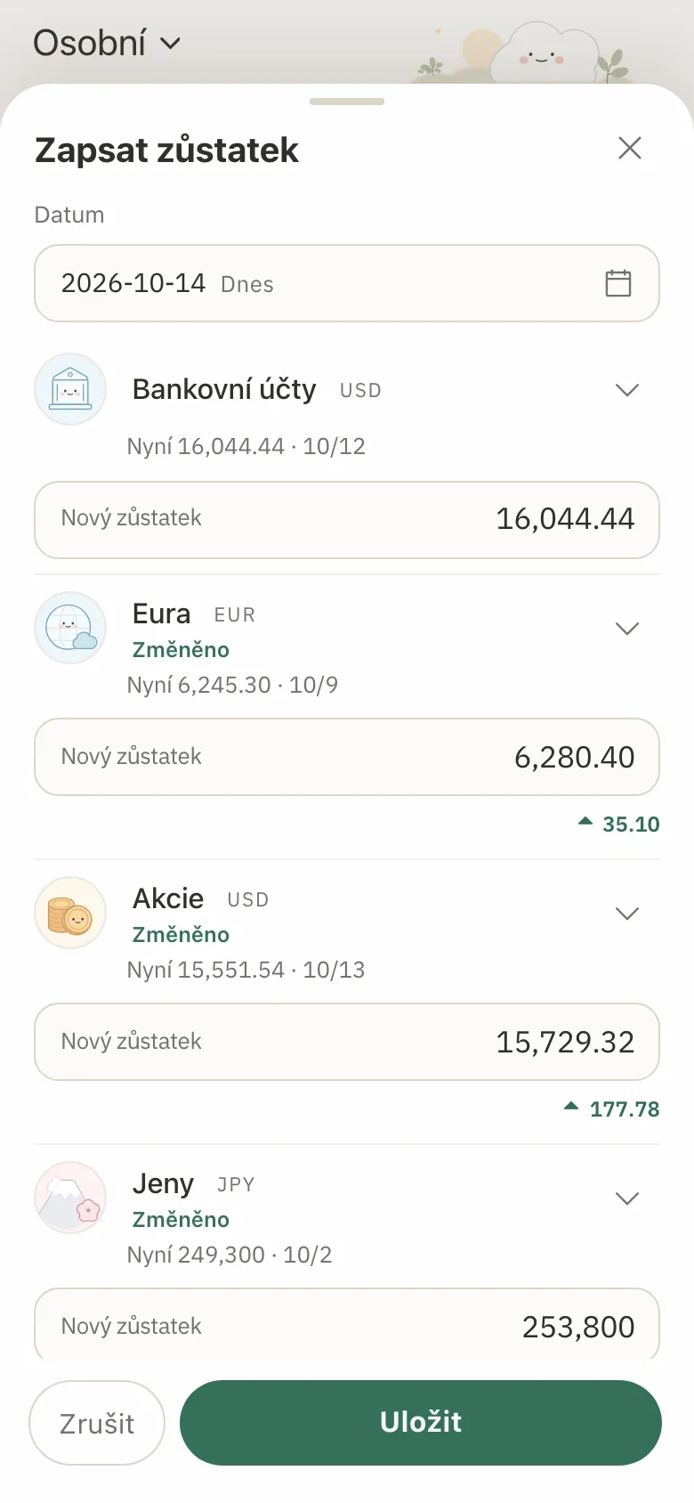 Formulář pro zápis zůstatku s novými zůstatky zadanými u tří účtů a změnou zobrazenou pod každým.