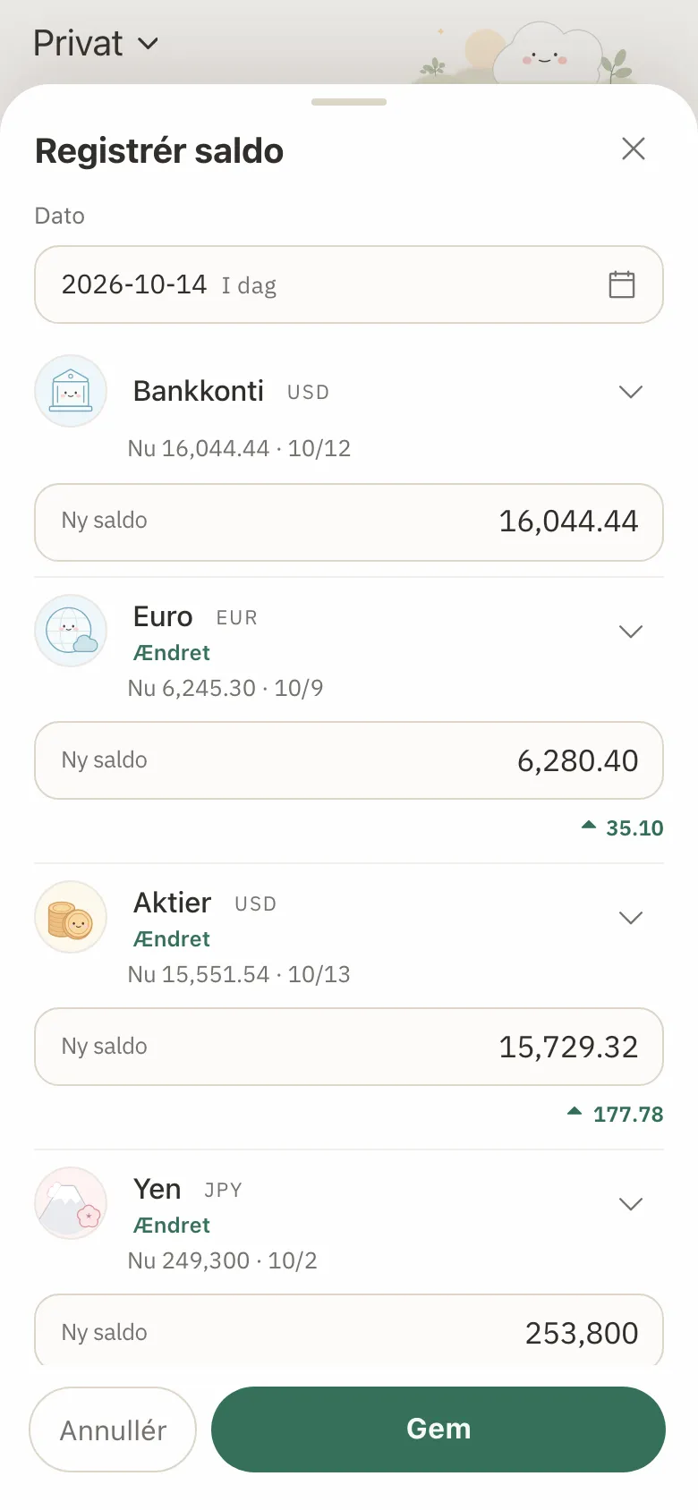 Formularen Registrér saldo med nye saldi indtastet for tre konti og ændringen vist under hver.