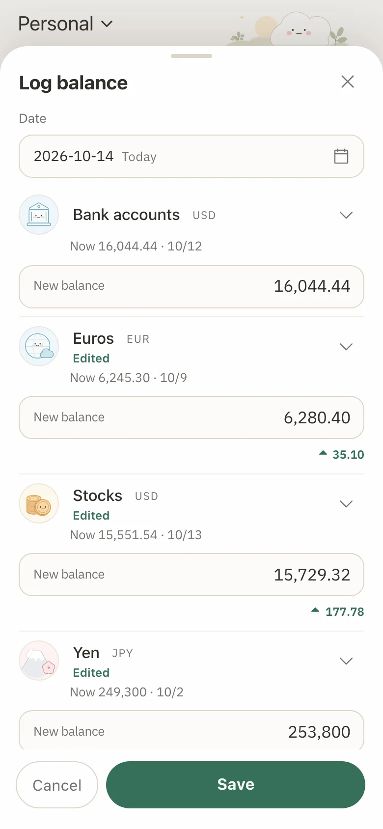 The Log balance form with new balances typed in for three accounts, and the change shown under each.
