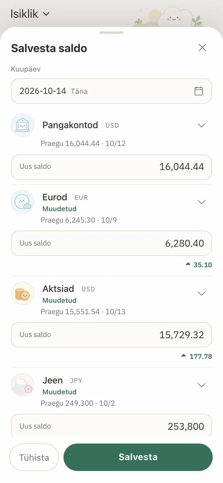Saldo kirjutamise vorm, kus kolme konto uued saldod on sisestatud ja iga all on näha muutus.