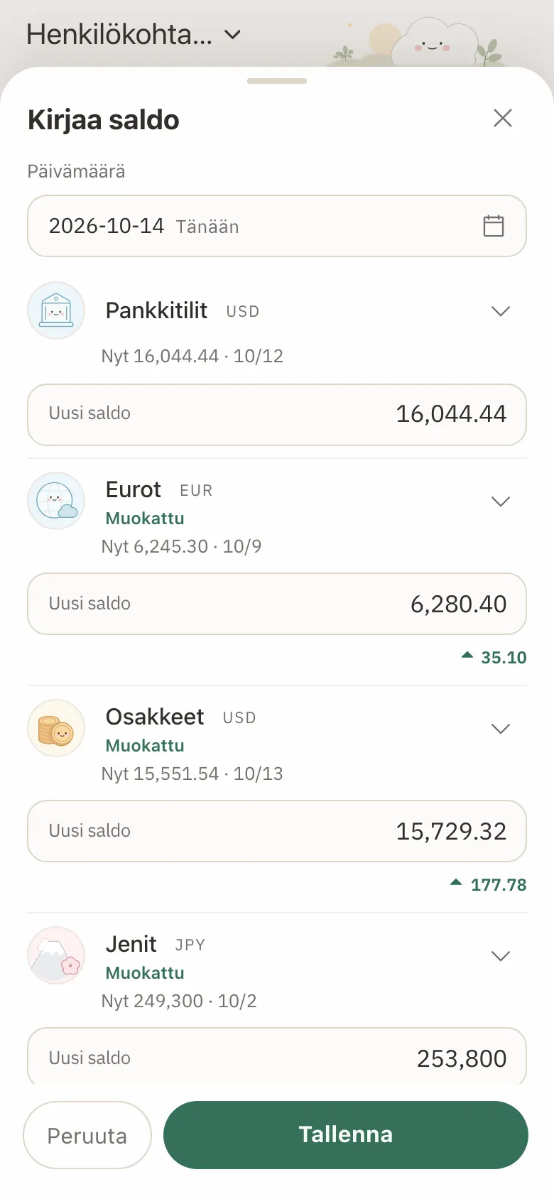 Kirjaa saldo -lomake, johon on kirjoitettu uudet saldot kolmelle tilille, ja muutos näkyy kunkin alla.