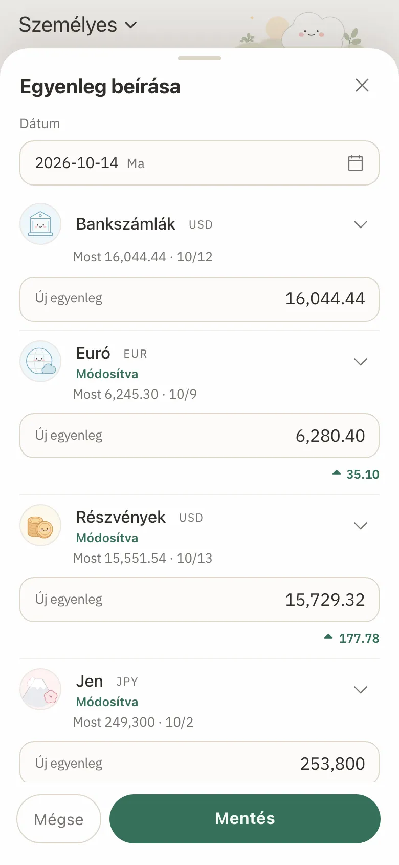 Az egyenleg beírására szolgáló űrlap három számla új egyenlegével, és az egyes számlák alatt látható változással.