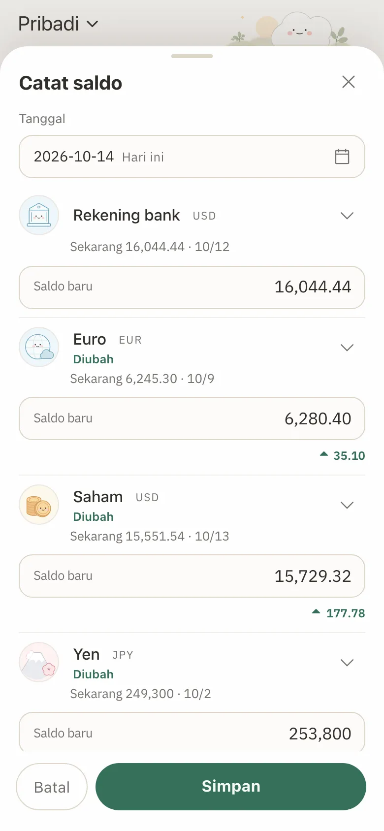 Formulir Catat saldo dengan saldo baru yang diketik untuk tiga rekening, dan perubahan yang ditampilkan di bawah masing-masing.