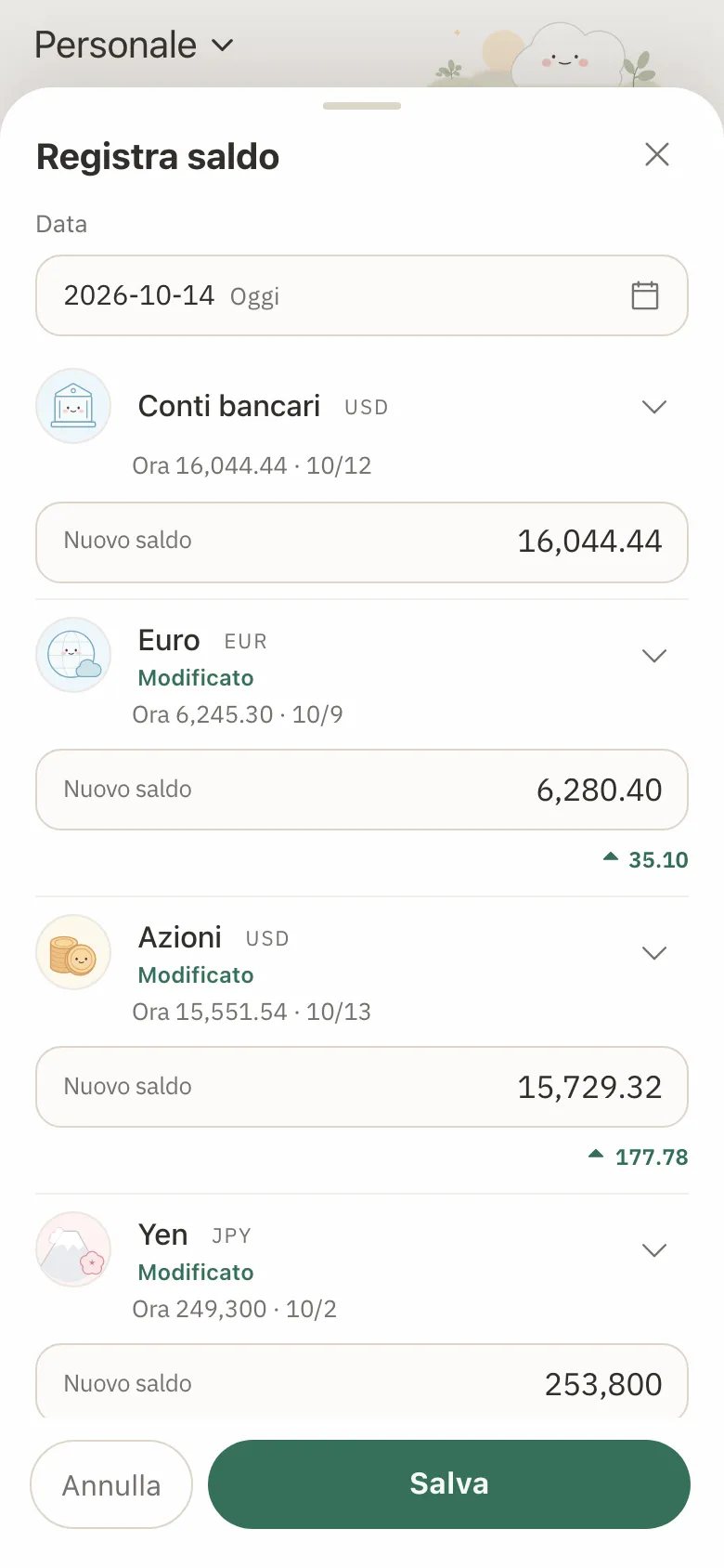 Il modulo Registra saldo con nuovi saldi scritti per tre conti, e la variazione mostrata sotto ciascuno.
