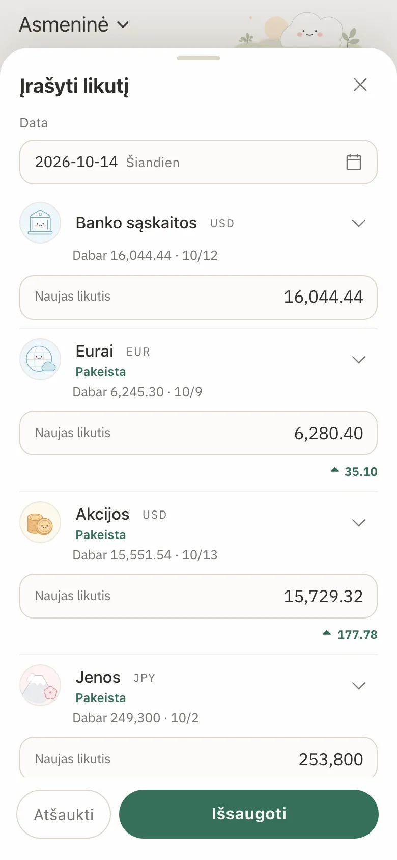 Likučio įrašymo forma su naujais trijų sąskaitų likučiais ir pokyčiu po kiekvienu.