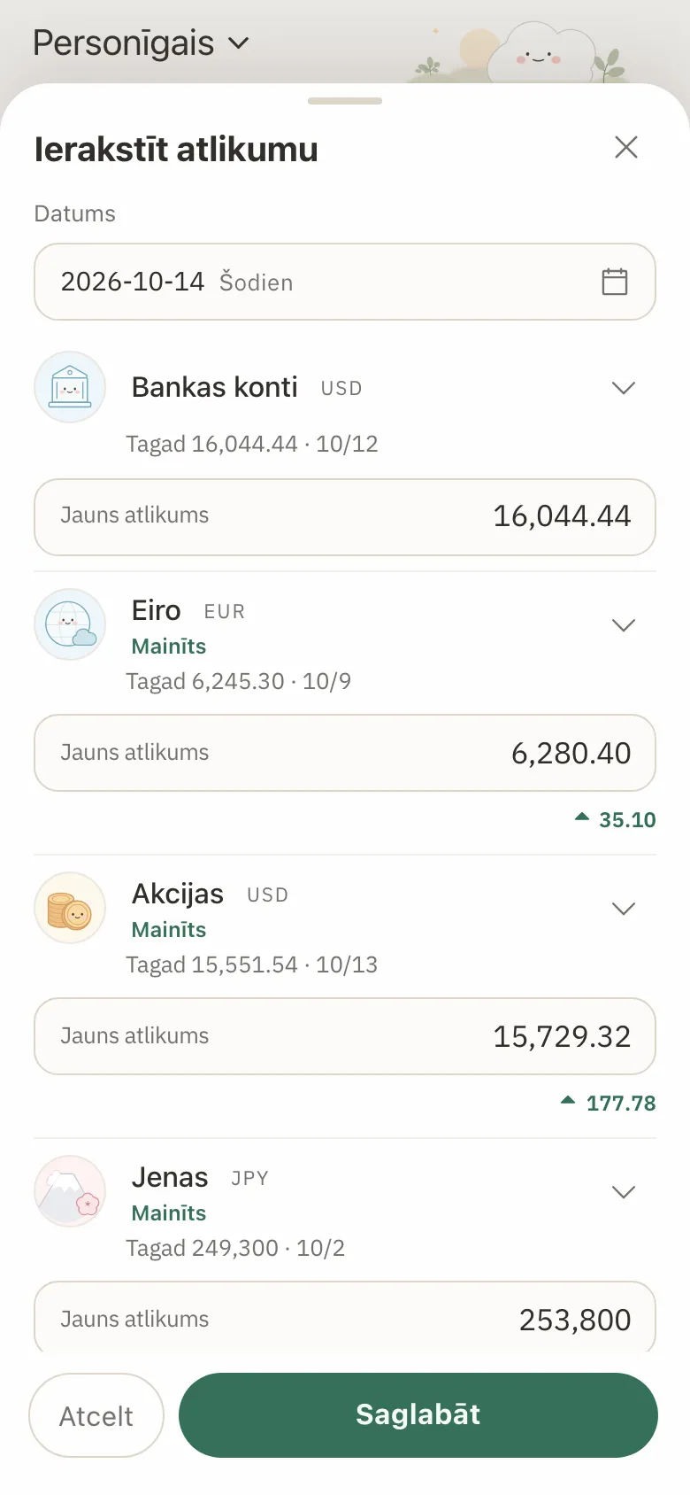Atlikuma pierakstīšanas veidlapa ar jauniem atlikumiem trīs kontiem un izmaiņām zem katra.