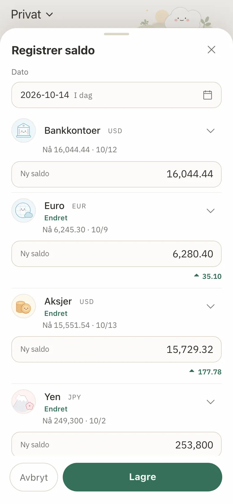 Skjemaet Registrer saldo med nye saldoer skrevet inn for tre kontoer, og endringen vist under hver.