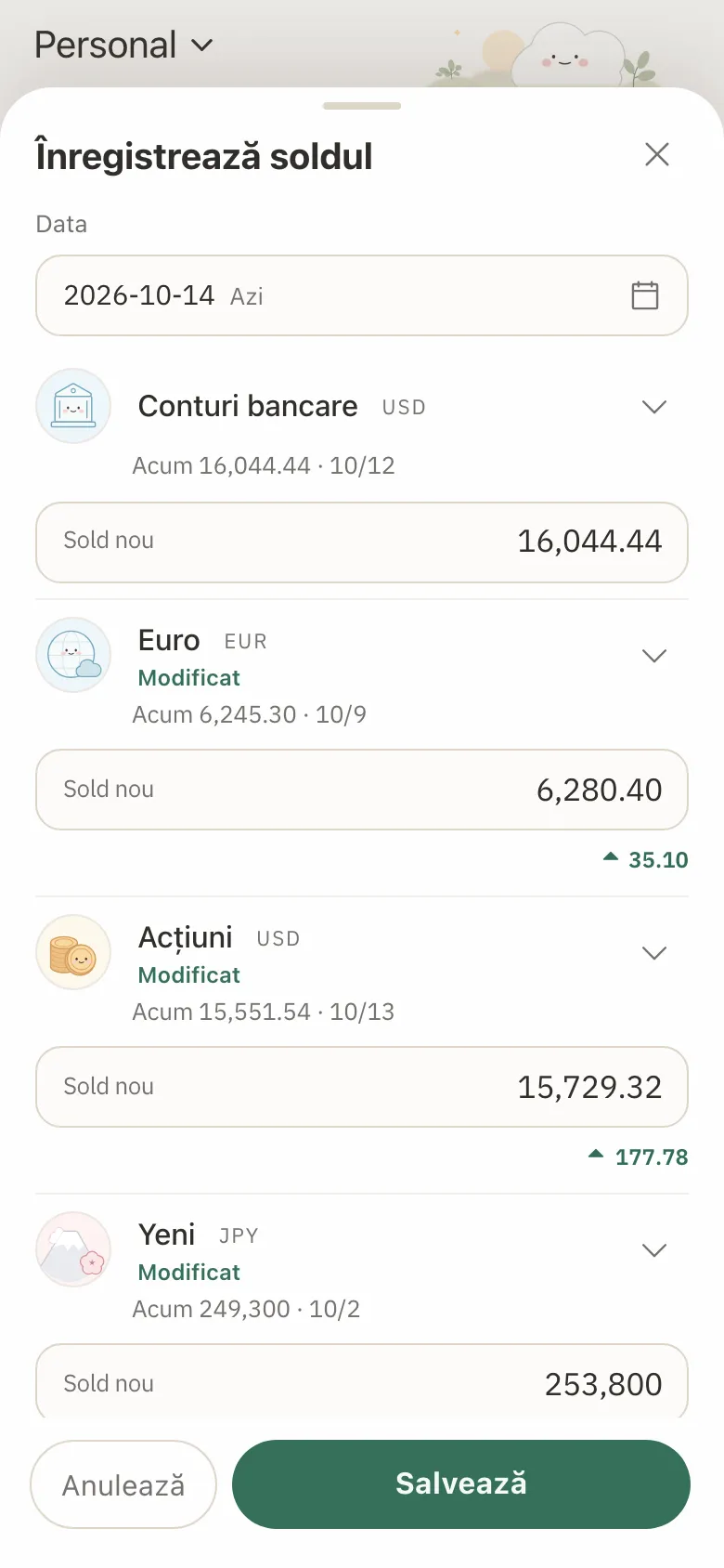 Formularul de înregistrare a soldului, cu solduri noi introduse pentru trei conturi și variația afișată sub fiecare.