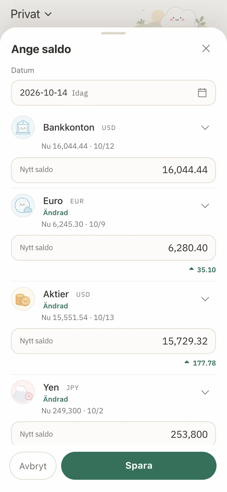 Formuläret Ange saldo med nya saldon inskrivna för tre konton, och förändringen visad under vart och ett.